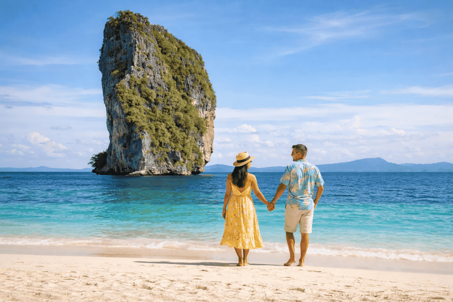Coppia sulla spiaggia davanti a un’isola tropicale in Thailandia