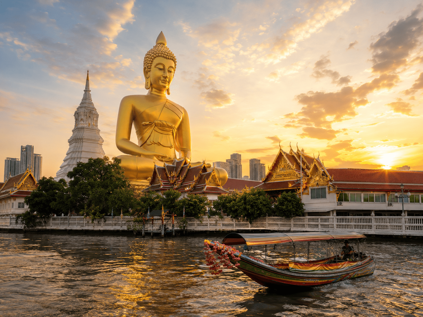Bangkok al tramonto con tempio, Buddha dorato e fiume Chao Phraya